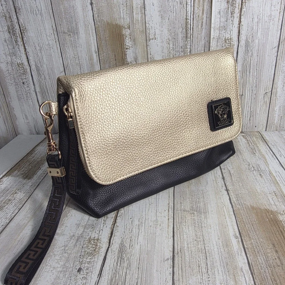 Versace Parfums Black Gold Pebbled Faux Leather Medusa Foldover Clutch Bag
